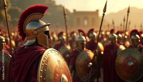 Spartan hoplites in phalanx formation. Soldiers dressed in red armor, golden helmets. Shields raised, spears ready for battle. Ancient Greece setting. Epic battle scene. Historical reconstruction.