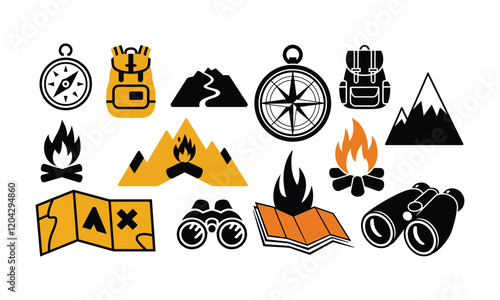 Set of Camping and Hiking Icons Featuring Backpack, Compass, Mountains, Fire, Map, and Binoculars