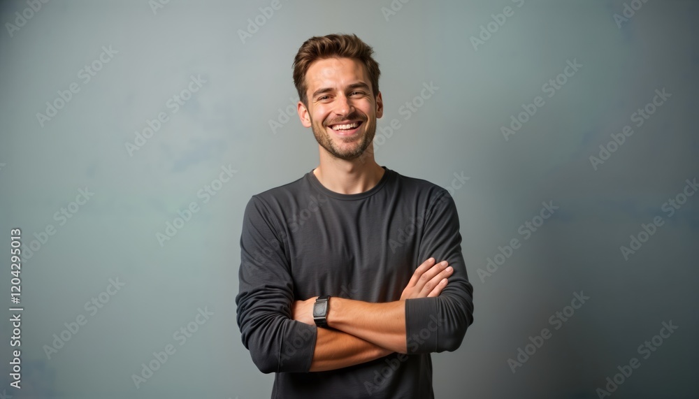 Confident young man smiles happily. Stands in studio against neutral grey background. Casual attire, arms crossed. Positive expression for business personal branding image. Great for marketing Confident young man smiles happily. Stands in studio against neutral grey background. Casual attire, arms crossed. Positive expression for business personal branding image. Great for marketing