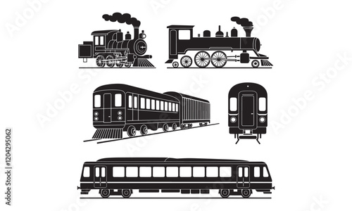 Collection of Train Illustrations Featuring Steam Locomotives, Modern Trains, and Railcar Designs