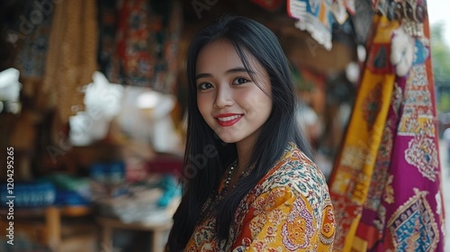 Lombok, Indonesia - Dec 01, 2019 : the young woman and kain tenun ikat songket. Tenun Ikat Songket is traditional weaving process at Lombok Island, Sade Village Indonesia photo