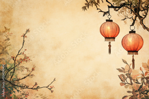 Vintage Chinese traditional lanterns hanging on tree branches with soft floral accents on textured beige background. For Lunar New Year, cultural celebrations, invitations, designs with oriental touch