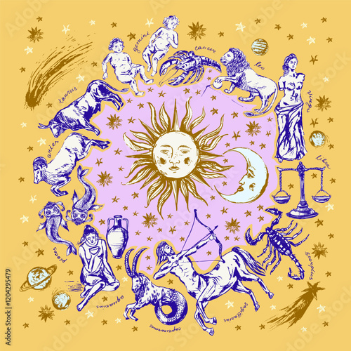 Hand drawn zodiac signs illustration set. Horoscope background with astrology symbols