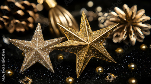 Festive New Yeara??s Eve decorations with gold stars and sparkling accents on a black background photo