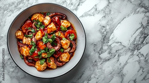 Spicy octopus and potato dish on marble kitchen counter.