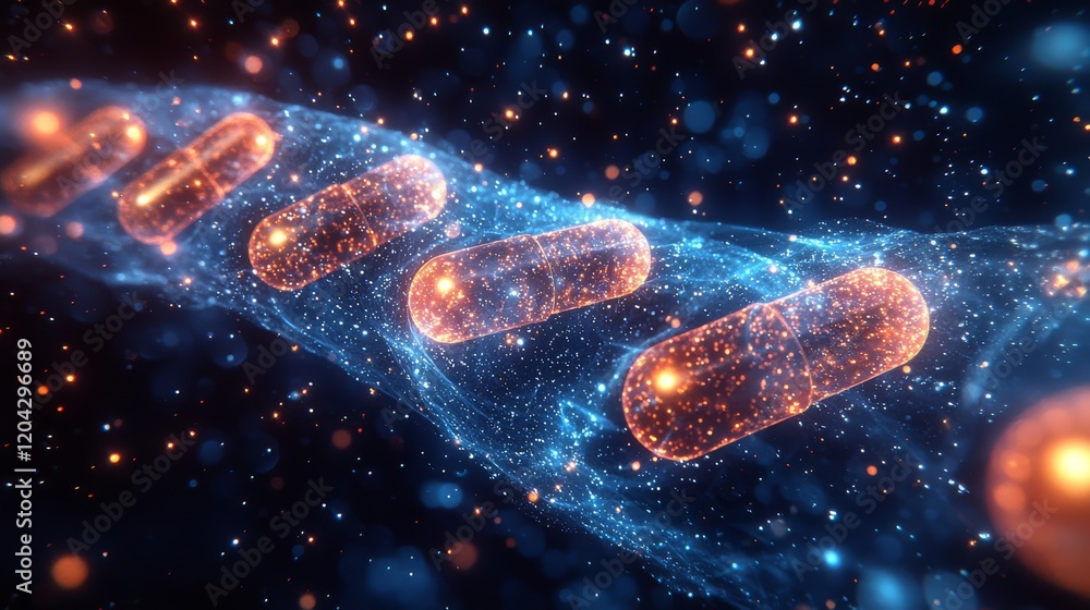 A visually dynamic, abstract scene of floating capsules in a cosmic landscape, embodying medicine and health in a futuristic manner A visually dynamic, abstract scene of floating capsules in a cosmic landscape, embodying medicine and health in a futuristic manner