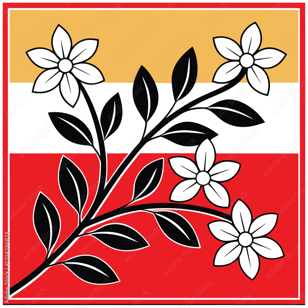 Obraz premium Elegant Floral Design with Black and White Flowers on Red and Yellow Background