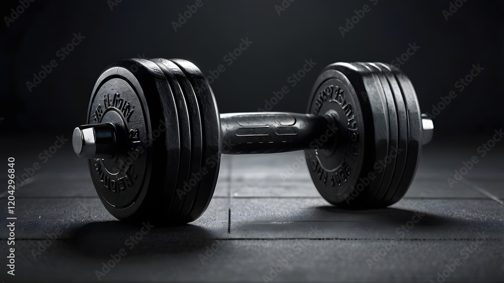 Naklejka premium Steel Determination: A heavy black dumbbell sits on a textured gray surface, a symbol of strength, perseverance, and dedication. The muted tones and sharp edges create a visually striking image.