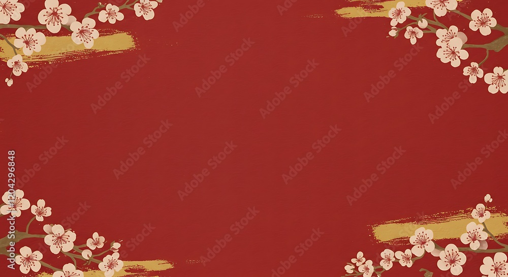 Elegant Chinese New Year Card with Red Background, Golden Brushstrokes, and Cherry Blossom Frame Elegant Chinese New Year Card with Red Background, Golden Brushstrokes, and Cherry Blossom Frame