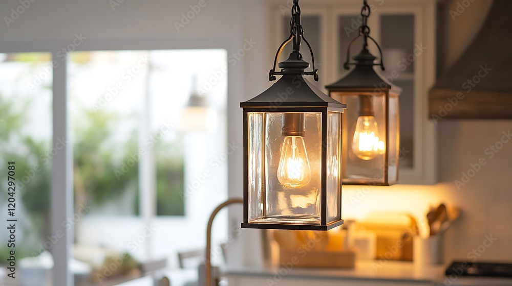 A lantern-style pendant light with clear glass panels, hanging in a coastal-inspired kitchen. A lantern-style pendant light with clear glass panels, hanging in a coastal-inspired kitchen.