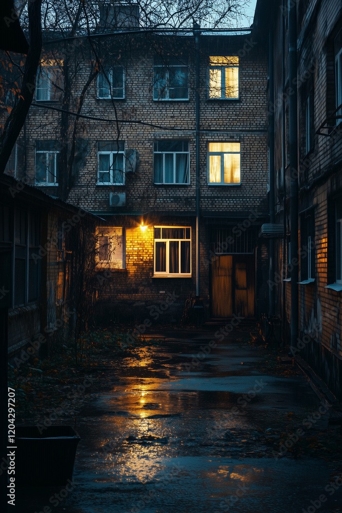 Obraz premium Five-story buildings in poor areas in the autumn evening