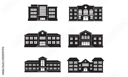 Hospital Building Silhouettes Featuring Modern and Classic Designs