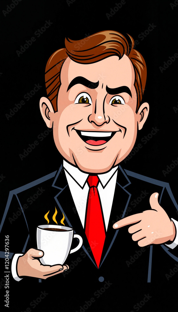 Smiling businessman holding coffee cup on black background