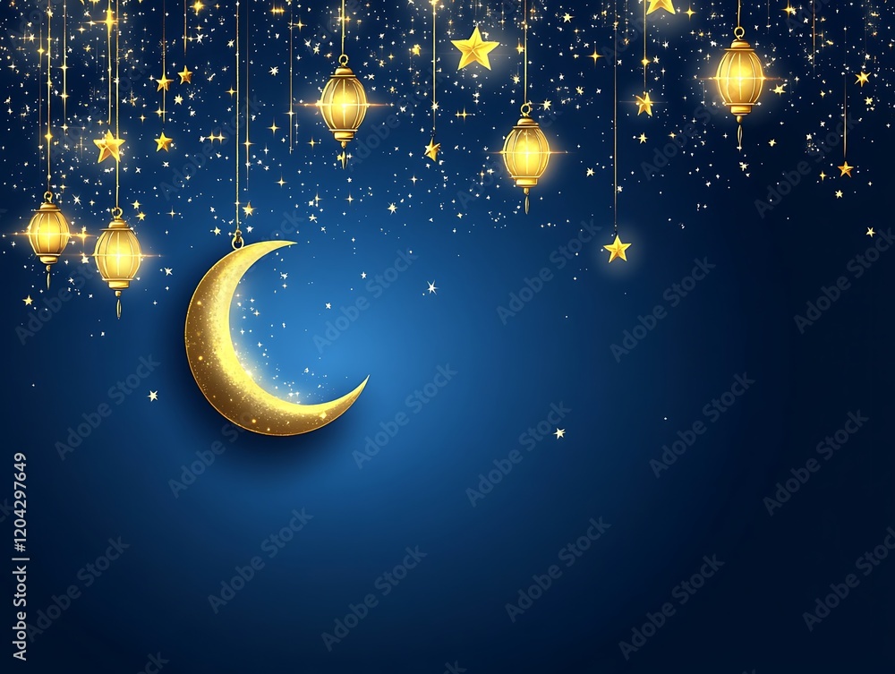 Naklejka premium Golden Crescent Moon Stars And Lanterns Night Sky