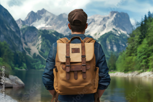 Young hiker wearing a backpack contemplating a mountain and lake landscape, travel and exploration concept photo