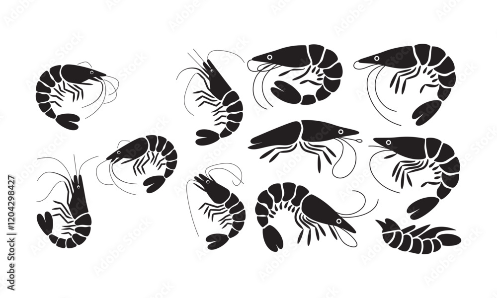 Fototapeta premium Shrimp and Prawn Illustrations in Black Silhouettes and Colorful Designs