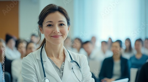 Portrait of a confident, smiling female doctor standing in a medical training class or seminar room. The image highlights her professionalism and expertise in a healthcare educational setting.