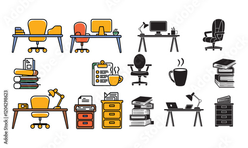 Collection of colorful and monochrome office desk and workspace icons, featuring furniture and accessories.