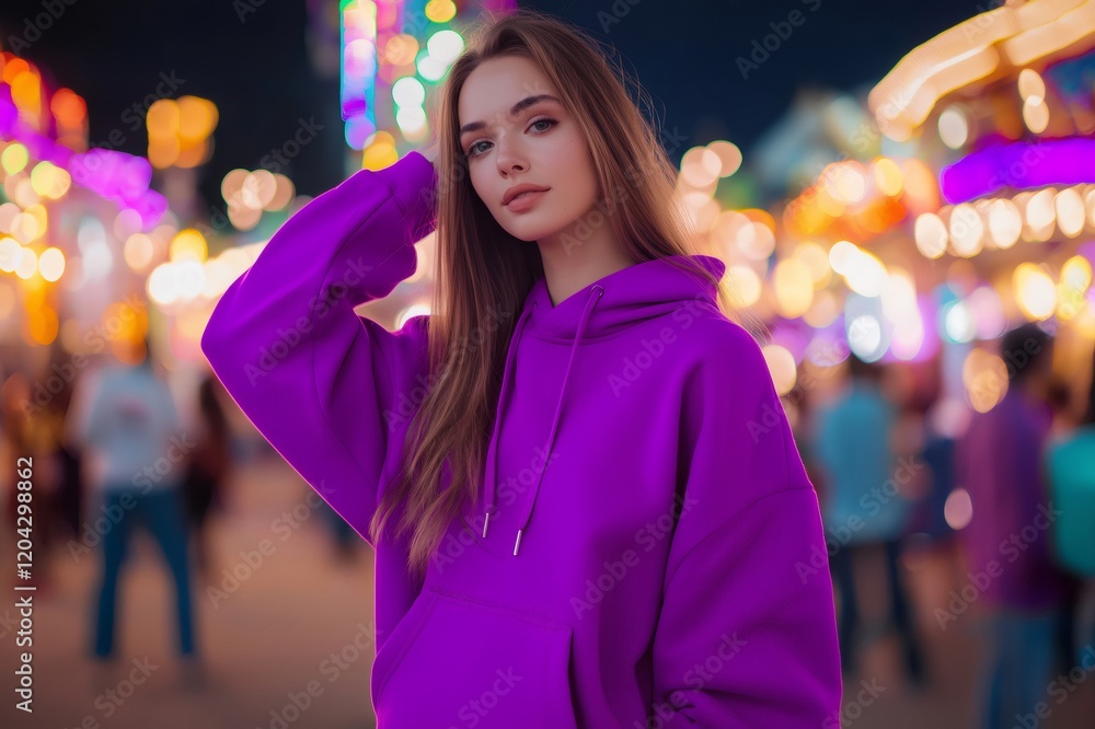 Model wearing a custom hoodie mockup at an amusement park, showcasing casual wear in a vibrant, lively setting Model wearing a custom hoodie mockup at an amusement park, showcasing casual wear in a vibrant, lively setting