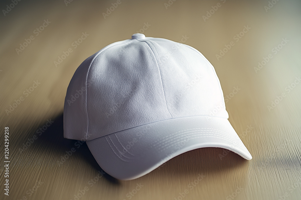 A white baseball cap is sitting on a table. Generative Ai. A white baseball cap is sitting on a table. Generative Ai.