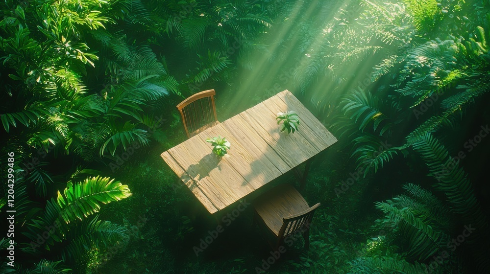 Naklejka premium Cozy outdoor dining setup under warm sunlight rustic table surrounded by greenery aerial view nature concept