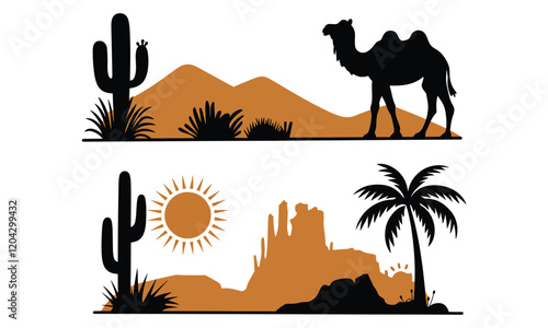 Collection of desert-themed illustrations featuring camels, cacti, palm trees, sand dunes, mountains, and vibrant sunsets.