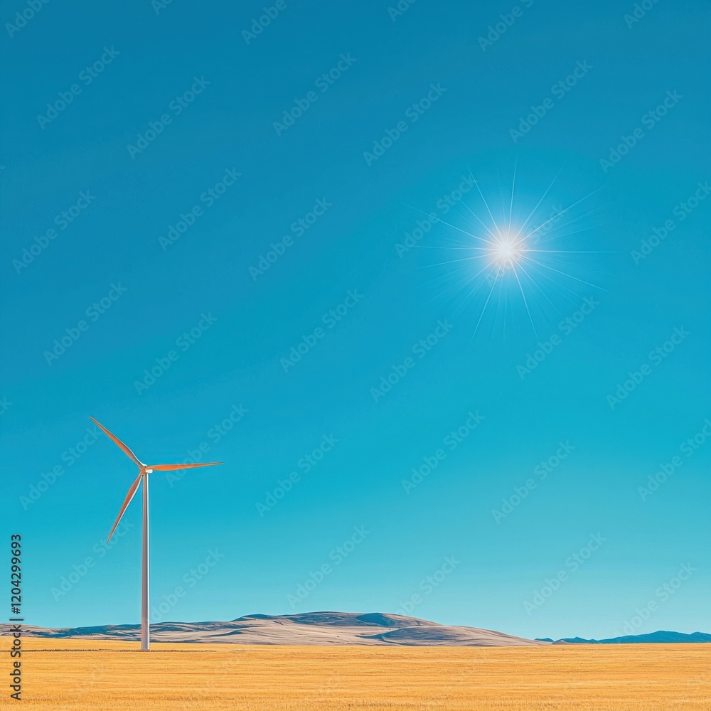 Obraz premium Wind turbine in sunny field renewable energy in action clear blue sky wide-angle shot