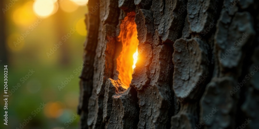 Obraz premium Golden Sunset Light Shining Through a Rough Tree Trunk Hole in a Forest