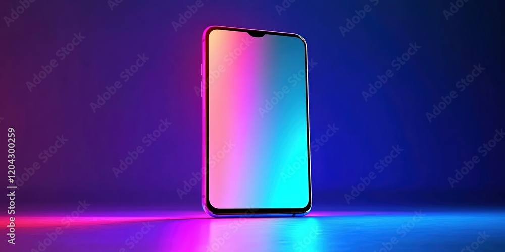 A blank smartphone standing upright on its side, glowing with vibrant neon colors against an empty background. A blank smartphone standing upright on its side, glowing with vibrant neon colors against an empty background.