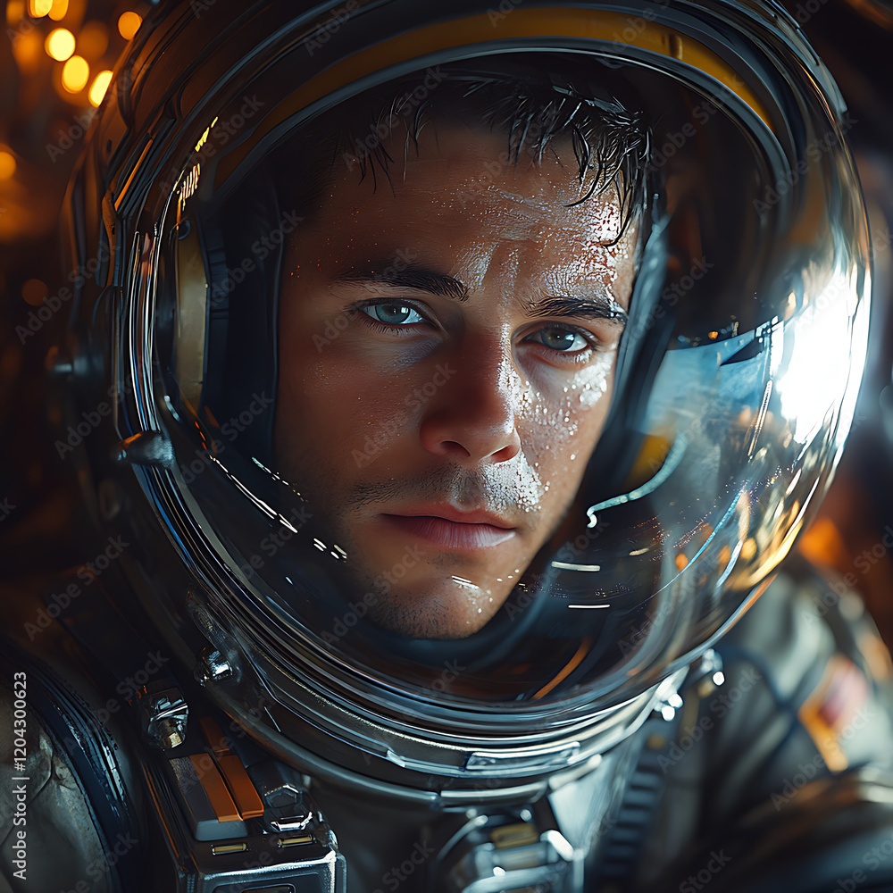 man wearing space suit with serious expression, showcasing determination and focus. close up captures intricate details of helmet and suit, reflecting futuristic atmosphere man wearing space suit with serious expression, showcasing determination and focus. close up captures intricate details of helmet and suit, reflecting futuristic atmosphere