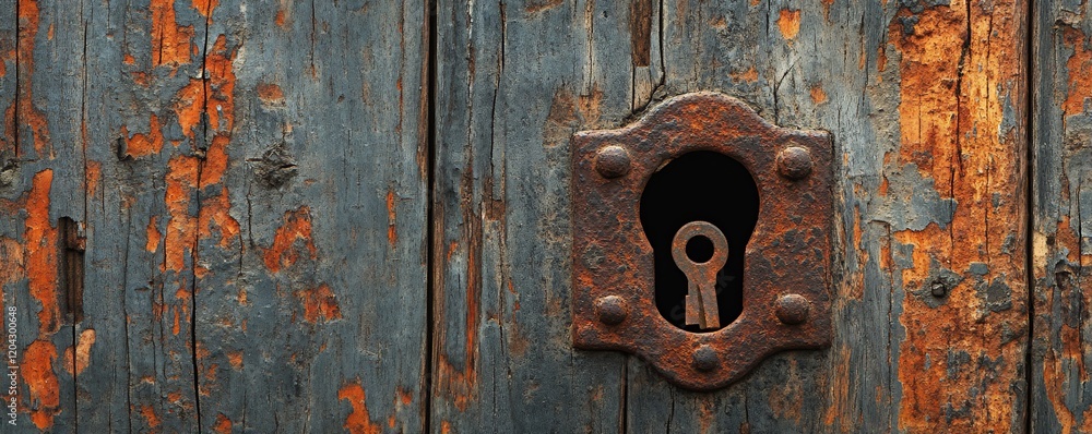 Rusty keyhole in old weathered wood door. Texture background Rusty keyhole in old weathered wood door. Texture background