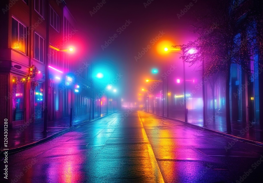 A foggy street at night with colorful lights, light painting photography A foggy street at night with colorful lights, light painting photography