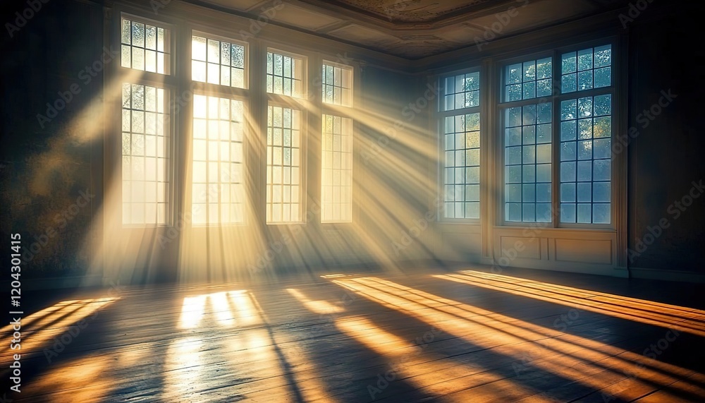 A large room with large windows and light shining through, creating beautiful rays of sunlight on the wooden floor. A large room with large windows and light shining through, creating beautiful rays of sunlight on the wooden floor.