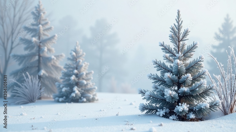 Fototapeta premium Serene Winter Landscape A Frosty Evergreen in a Snowy Meadow, Surrounded by Gently Blurred Conifers Under a Pale Sky
