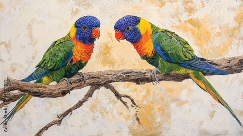 Adobe Illustrator AA vibrant artwork shows two rainbow lorikeets perched on a branch.rtwork