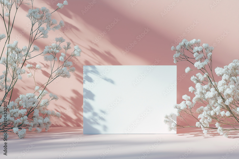 A white sign is placed in front of a pink wall. Generative Ai. A white sign is placed in front of a pink wall. Generative Ai.