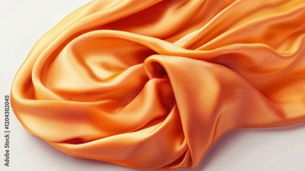 Obraz premium Silky orange fabric, flowing texture, soft folds, luxurious satin, golden amber hue, smooth drapery, elegant textile, fashion photography, studio lighting, high contrast, macro detail, white backgroun
