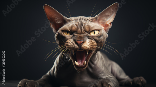A Sphynx cat in a defensive pose, with its eyes wide open and teeth bared