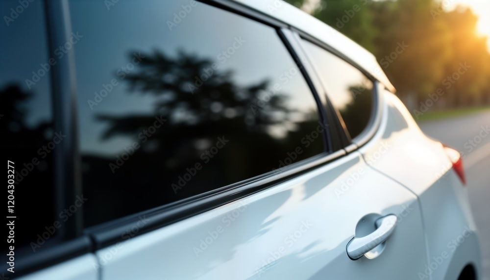 Obraz premium Close-up view of car window with tinted film. Car light-colored, window appears dark. Image shows car side view. Tint application appears professionally installed. Modern vehicle window protection
