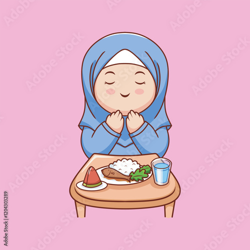 Cute Muslim woman praying before eating illustration vector design