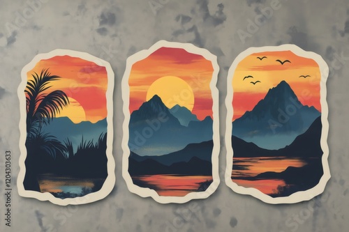 Three sunset themed stickers featuring serene landscapes of a tropical beach, mountains, and a lake with flying birds on a textured background photo