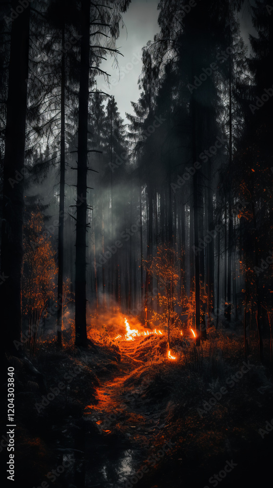Nighttime forest fire with flames illuminating dense trees, creating a stark contrast between firelight and darkness. Atmospheric and dramatic imagery for environmental disaster awareness. Nighttime forest fire with flames illuminating dense trees, creating a stark contrast between firelight and darkness. Atmospheric and dramatic imagery for environmental disaster awareness.