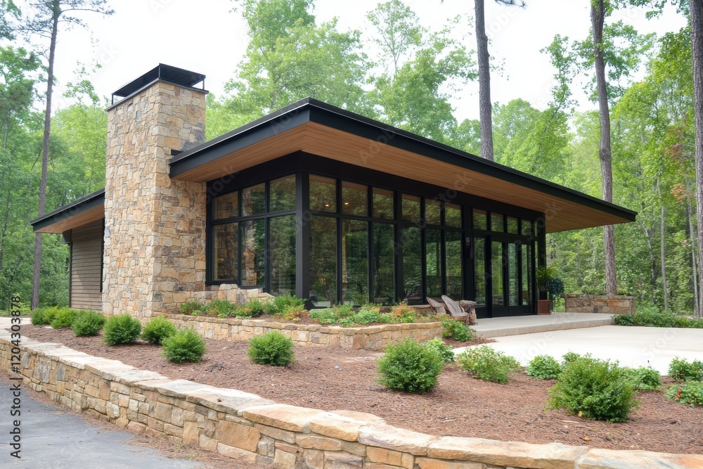 Modern architectural design blends with nature in a serene wooded setting, showcasing a stylish house with large glass windows and a stone facade Modern architectural design blends with nature in a serene wooded setting, showcasing a stylish house with large glass windows and a stone facade