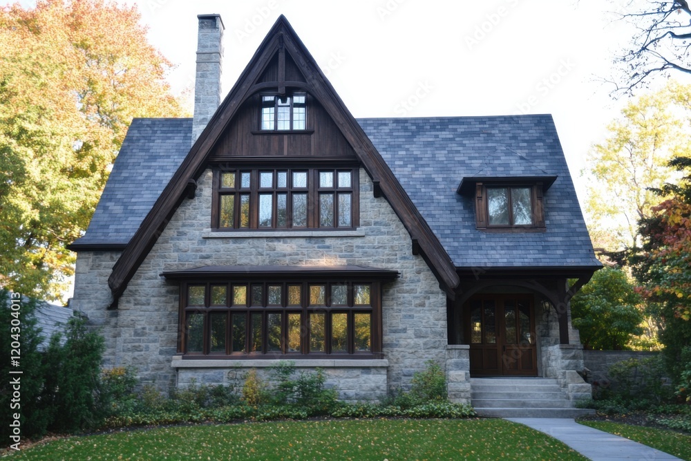 Fototapeta premium Nestled in a serene neighborhood, this charming historic stone cottage features beautiful wood accents and expansive windows that showcase the stunning autumn foliage all around