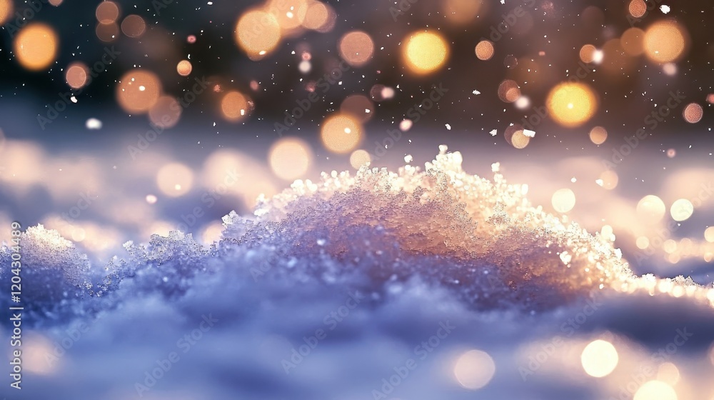 Obraz premium Winter landscape, glowing golden bokeh lights, snow mounds, starry night sky, magical atmosphere, macro photography, depth of field, warm and cold contrast, ethereal, dreamy scene, sparkling snowflake