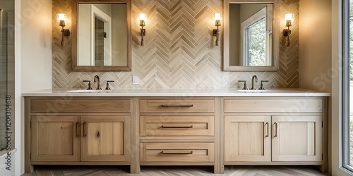 A farmhouse bathroom with natural wood cabinets, herringbone tile backsplash