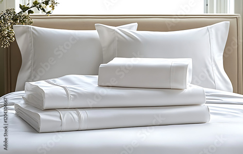 Luxurious white Egyptian cotton full sheet set displayed on bed, featuring smooth texture and elegant design, perfect for serene bedroom atmosphere photo