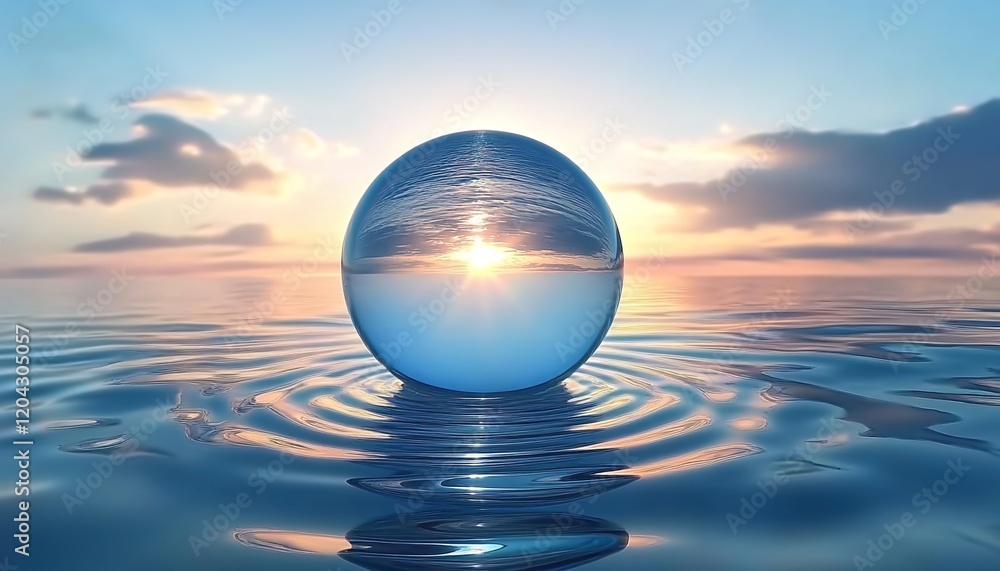 A crystal ball floating on the water surface, reflecting the sky and sea in the glass sphere. A crystal ball floating on the water surface, reflecting the sky and sea in the glass sphere.