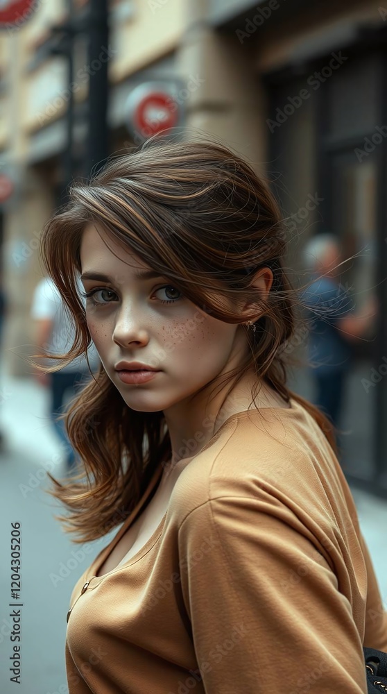 A close-up portrait of a striking white woman gazing confidently and intently at the camera. A close-up portrait of a striking white woman gazing confidently and intently at the camera.