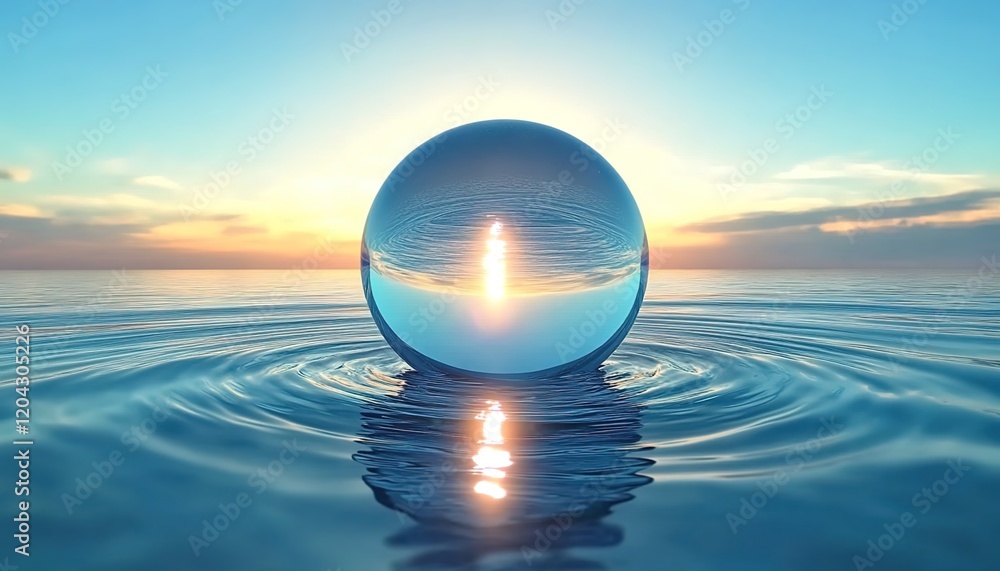 A crystal ball floating on the water surface, reflecting the sky and sea in the glass sphere. A crystal ball floating on the water surface, reflecting the sky and sea in the glass sphere.